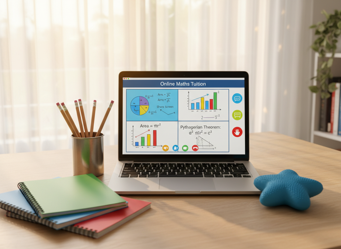 A carefully arranged home-style online learning setup with no people, showing an open laptop on a light wood desk displaying a clear video call interface with colourful icons and a shared digital whiteboard full of simple maths diagrams. Around the laptop are tidy exercise books, sharpened pencils in a metal pot, and a small sensory-friendly stress ball shaped like a soft blue star. Warm afternoon light filters through a sheer curtain, creating diffused highlights on the laptop keyboard and a gentle bokeh in the background. Photographic realism, shot from a slightly elevated angle, conveys a supportive, organised and approachable online tuition environment for KS2–KS4 students.