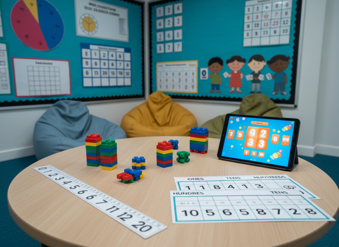 An inclusive SEN-friendly maths support corner in a school setting without any people, featuring a low circular table with a textured light-wood surface, covered in structured learning tools: number lines, colourful counting cubes, large-font place value charts, and a tablet with a bright, accessible learning app on screen. In the background, soft beanbags in varied colours and a calm teal noticeboard displaying oversized visual maths aids create a welcoming, sensory-considerate space. Overhead, cool but gentle classroom lighting casts even illumination with minimal harsh shadows. Photographic realism, eye-level composition with moderate depth of field, emphasising a safe, supportive and professional environment for diverse learners.